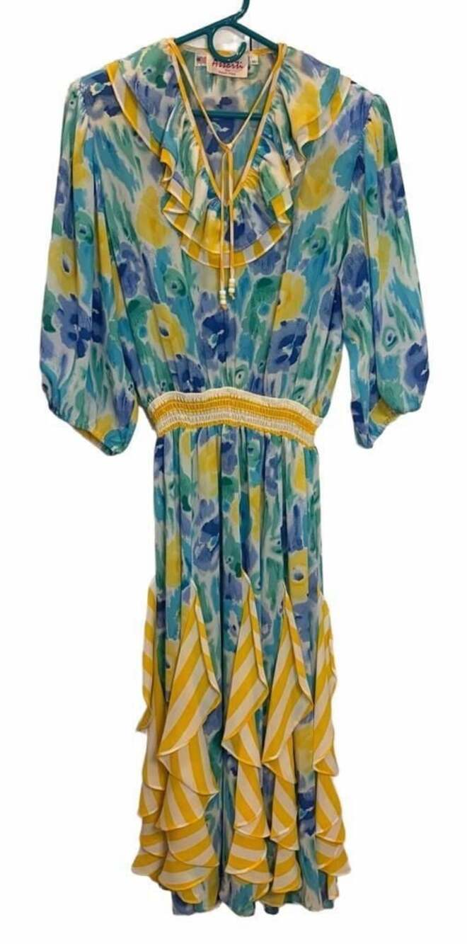 Vintage 80s Assorti for Susan Freis Dress M Floral Ruffle Smocked Maxi USA
